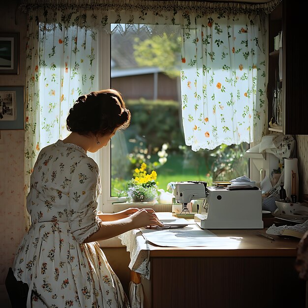 žena pracujúca na vyšívacom vzore pri okne